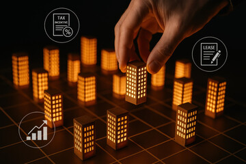 Investment development incentive tax lease showcase property growth and capital planning conveying business confidence and financial momentum with glowing building model