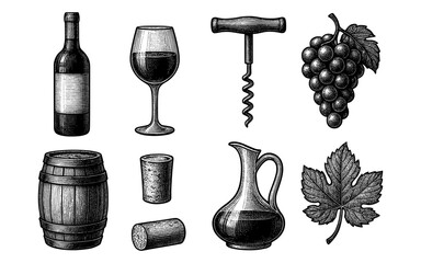 Naklejka premium Vintage wine elements set with barrel, grapes, and corkscrew in engraved style
