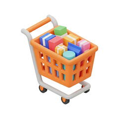 3D orange shopping cart filled with colorful wrapped gift boxes and packages, cute isometric e-commerce icon for online retail store purchase checkout and holiday shopping concepts