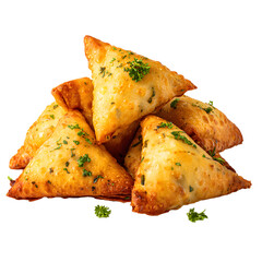 Delicious Crispy Vegetarian Samosas with Fresh Herbs on White Background