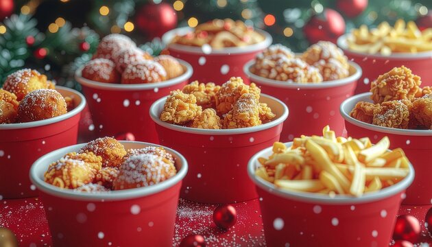 Christmas decorations for food delivery containers and red boxes for fried chicken and french fries, New Year's Eve promotion, available in both hot and disposable plastic and paper packaging, for hol
