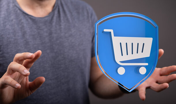 A person holding a shopping cart icon, symbolizing online shopping security and protection. Ideal for e-commerce, digital marketing, and cyber s