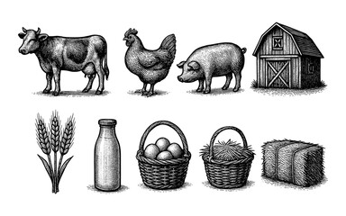 Vintage farm animals and products in detailed engraving style