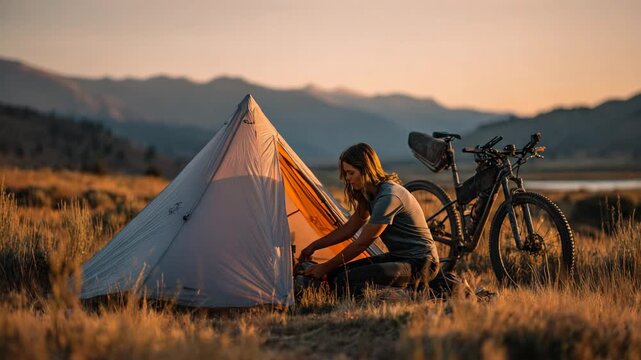 Ultra HD A woman kneels outside her tent at sunset, packing her bag for a bike tour through the mountains, with her bicycle parked nearby, ready for a day of adventure