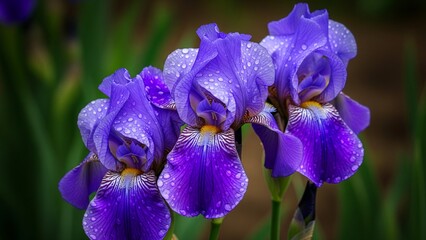 A close-up, hyper-detailed shot of three striking deep purple Iris blossoms covered in glistening dewdrops, set against a soft, dark green garden background.