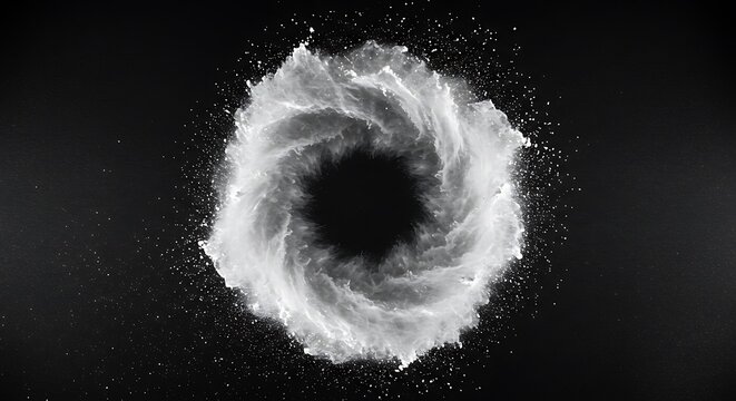 A swirling vortex of white powder or dust against a stark black background, creating a dynamic and abstract circular pattern with a dark center