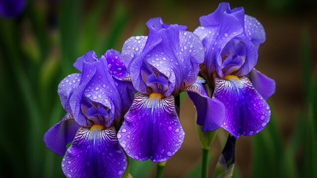 A close-up, hyper-detailed shot of three striking deep purple Iris blossoms covered in glistening dewdrops, set against a soft, dark green garden background.
