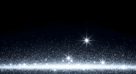 Sparkling white glitter particles cascade upwards against a dark background, creating a magical and celebratory atmosphere