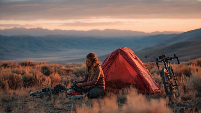 Ultra HD A woman prepares for a bike tour, packing her bag outside her tent as the sun sets over the mountains, with her bicycle nearby, ready for a day of exploration