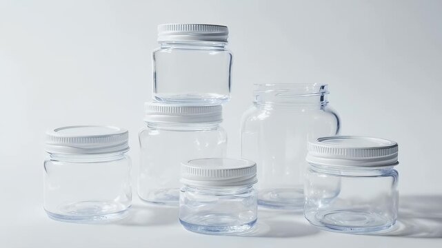 Six clear, empty jars with white lids are arranged on a white surface