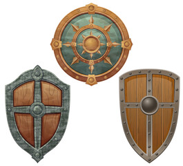 detailed vector illustration showing a variety of fantasy and ancient weapons and shields the image features swords, axes, hammers, spears, and torches
