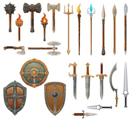 detailed vector illustration showing a variety of fantasy and ancient weapons and shields the image features swords, axes, hammers, spears, and torches