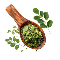 Dried Moringa Daun Kelor Leaves on Wooden Spoon: Healthy Herb Concept