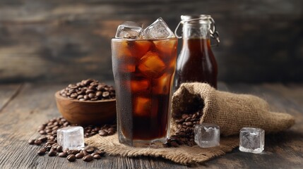 Fototapeta premium Tall Glass of Iced Cold Brew Coffee with Ice Cubes Surrounded by Roasted Beans in Sack and Wooden Bowl on Burlap Mat