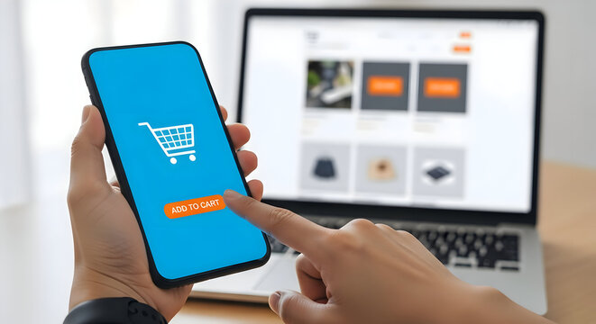 Seamless online shopping experience with a finger tapping 'Add to Cart' on a smartphone, laptop displaying e-commerce site in background