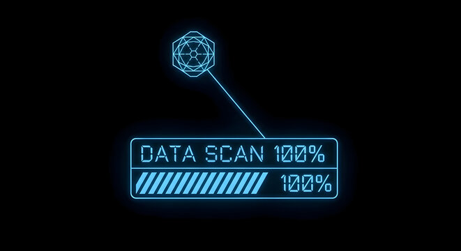 Futuristic holographic data scan completes with glowing blue interface and geometric crystal visualization on black background