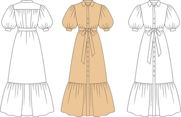 Puff sleeve collared dress flat sketch, cad drawing, vector illustration, waist tie belt garment design, fashion template, front and back view
