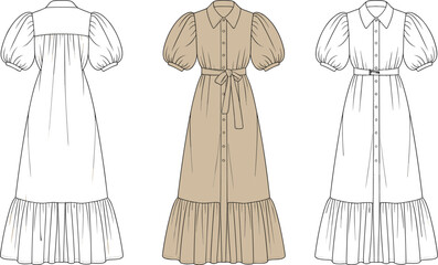 Puff sleeve ruffle hem dress flat sketch, cad drawing, vector illustration, fashion garment template, front and back view, apparel design