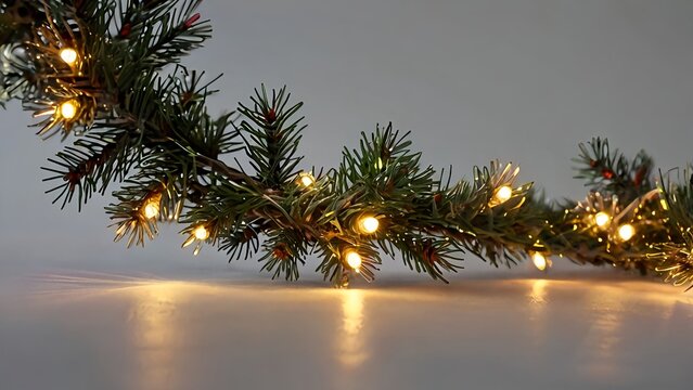 Sparkling Christmas LED light garland border, fairy lights intertwined with fir branches, glowing warm illumination, holiday decoration strip for website headers and digital ads, isolated on transpare
