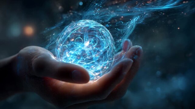 Ultra HD Ultra HD A hand holding a glowing lights balls video, magic ball in hand video, with streams of light emanating from it, creating a magical and futuristic atmosphere, symbolizing power video