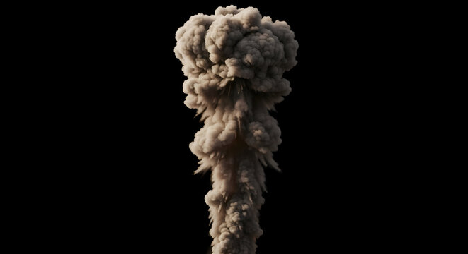 Dramatic mushroom cloud explosion erupts against a stark black background, symbolizing power and destruction.