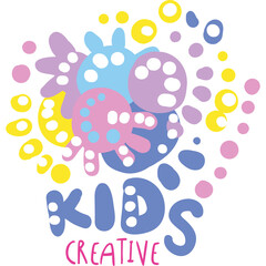 Abstract colorful blobs and circles with the words Kids Creative in pastel blue and pink on a transparent background