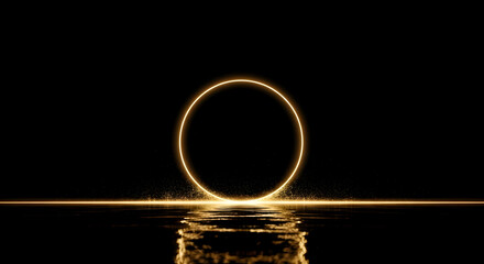 Golden ring of light emerges from shimmering water on a dark background, creating a mystical and ethereal portal effect.