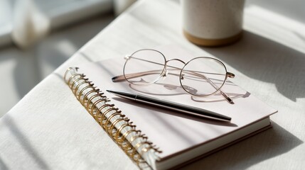 Notebook Pen Eyeglasses Flat Lay Still Life Work From Home Study Creative Process