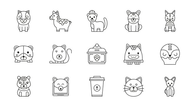 Collection of adorable animal and object icons in line art vector format, perfect for design