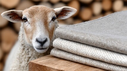 Natural wool fabrics folded near sheep. Sustainable textile production and eco-friendly material concept