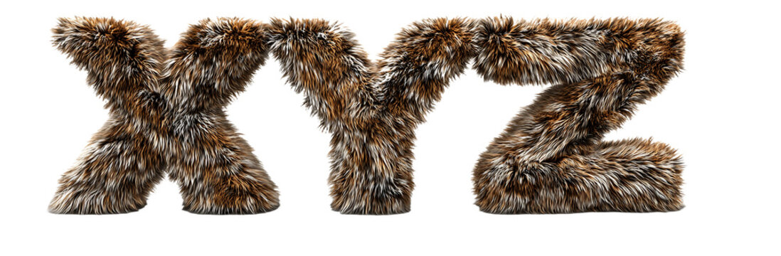 Fluffy Brown and White Faux Fur Texture Forming the Letters X Y Z on Transparent Background, PNG