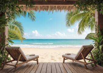 Obraz premium Rustic beach lounge chairs on wooden deck overlooking calm tropical ocean paradise.