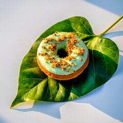 Obraz premium Refreshing Mint Green Glazed Donut with Sprinkles Resting on a Bright Tropical Leaf
