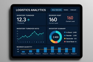 Digital dashboard displaying logistics analytics with real-time inventory data and trends, enhancing supply chain management and operational efficiency.