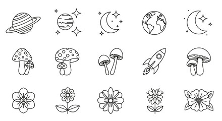 Collection of charming doodle illustrations featuring celestial elements and botanical shapes line