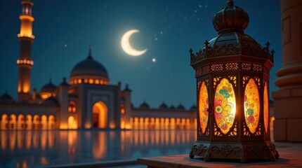 Fototapeta premium Glowing ramadan lantern in front of a mosque under a crescent moon
