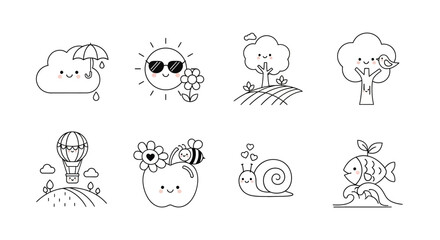 Obraz premium Delightful set of cartoon illustrations showcasing nature and weather elements charmingly presented