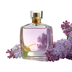 Elegant Luxury Perfume Bottle with Beautiful Lilac Flowers Isolated on White Background