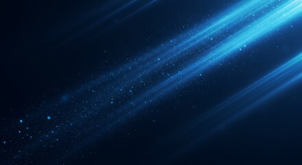 Diagonal beams of bright blue light illuminating a dark abyss, with small, shimmering particles suspended in the ethereal glow