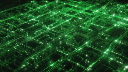 Abstract futuristic technology circuit board with glowing green lights.