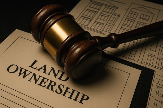 Legal gavel resting on land ownership documents, symbolizing property rights and real estate law. Concept of justice, regulation, and legal proceedings in property disputes.
