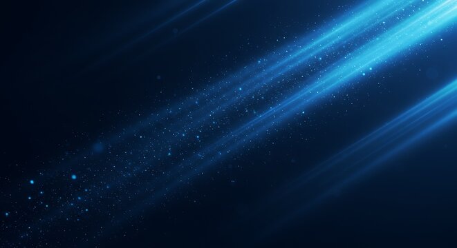 Diagonal beams of bright blue light illuminating a dark abyss, with small, shimmering particles suspended in the ethereal glow - Powered by Adobe