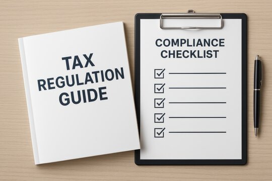 Tax regulation guide and compliance checklist on an organized workspace. Concept of fiscal responsibility, financial planning, and systematic management in accounting.