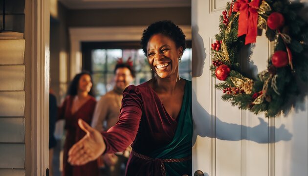 Welcoming African American hostess greeting guests at Christmas party with open hand, festive holiday celebration at home