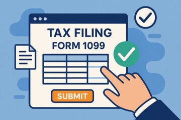 Hand pointing at a digital tax filing form 1099, representing the importance of accurate tax submission and compliance. Concept of finance, taxes, and digital paperwork.