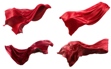Flowing red silk superhero cape waving in the wind, shiny fabric texture. Isolated on transparent background, png