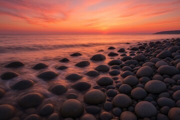 Coastal pebble beach at sunset with vibrant orange sky and calm sea waves