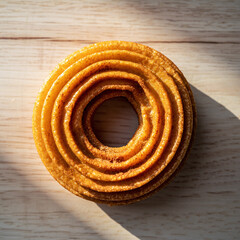 Fototapeta na wymiar Top View of Sugared Cruller Donut Ring on Light Wooden Surface