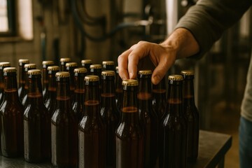Craft brewer inspecting bottles on a production line, emphasizing quality control and attention to detail in the brewing process. Concept of craftsmanship and artisanal production.