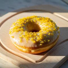 Fototapeta na wymiar Lemon Zest Glazed Donut on Round Light Wooden Board